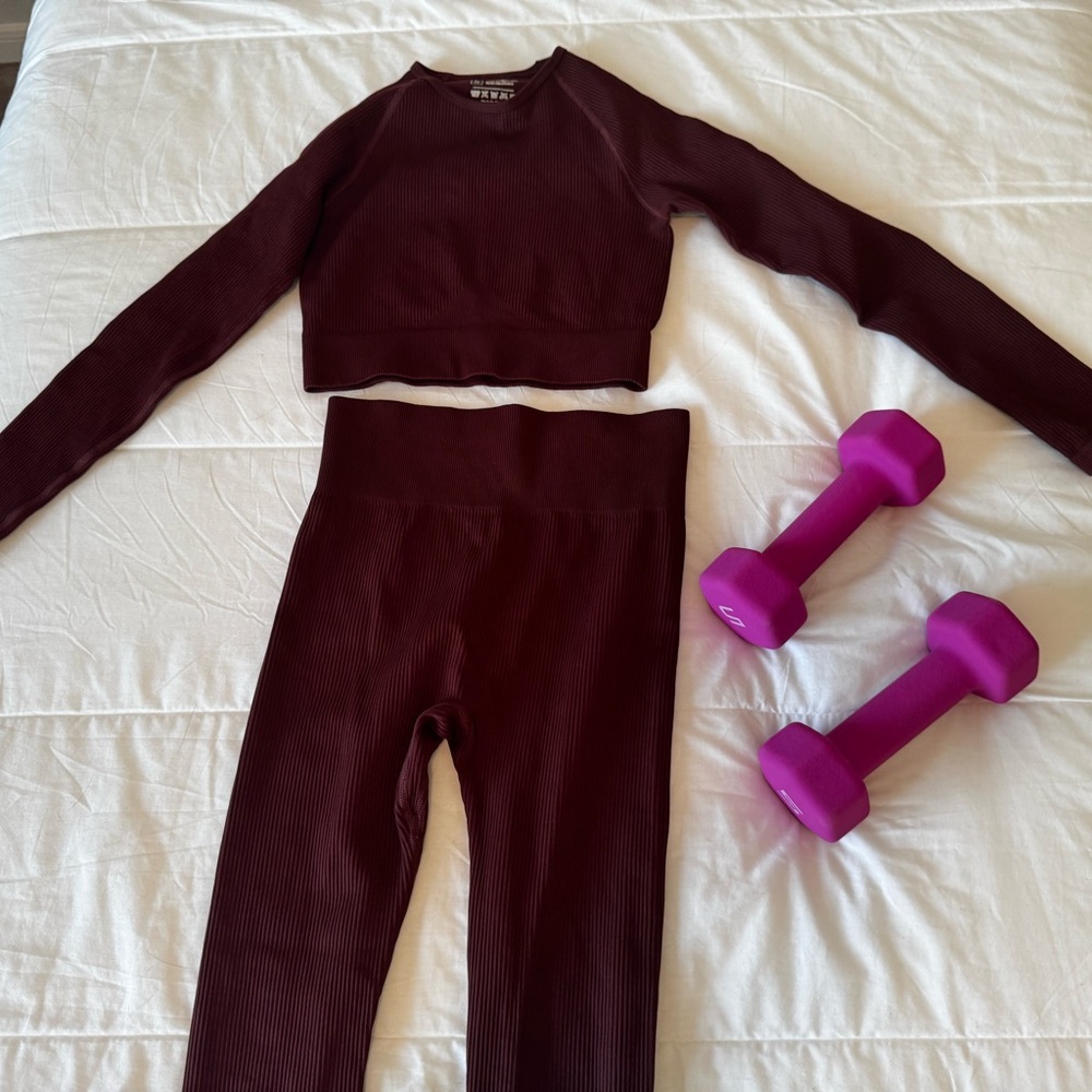 Burgundy Long Sleeve Crop Top and Leggings Set